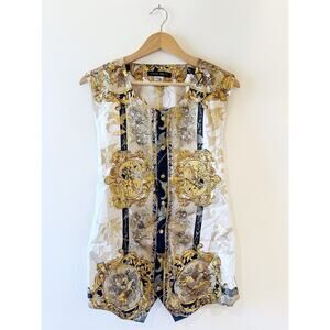 Ceta Dolce Vintage 80s Mens Polo Brocade Silk Metallic Tie Back Button Up Vest L